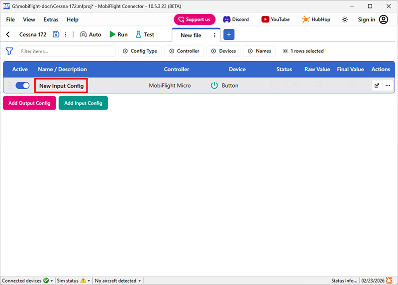 Screenshot of the main window with the New Input Config text highlighted.