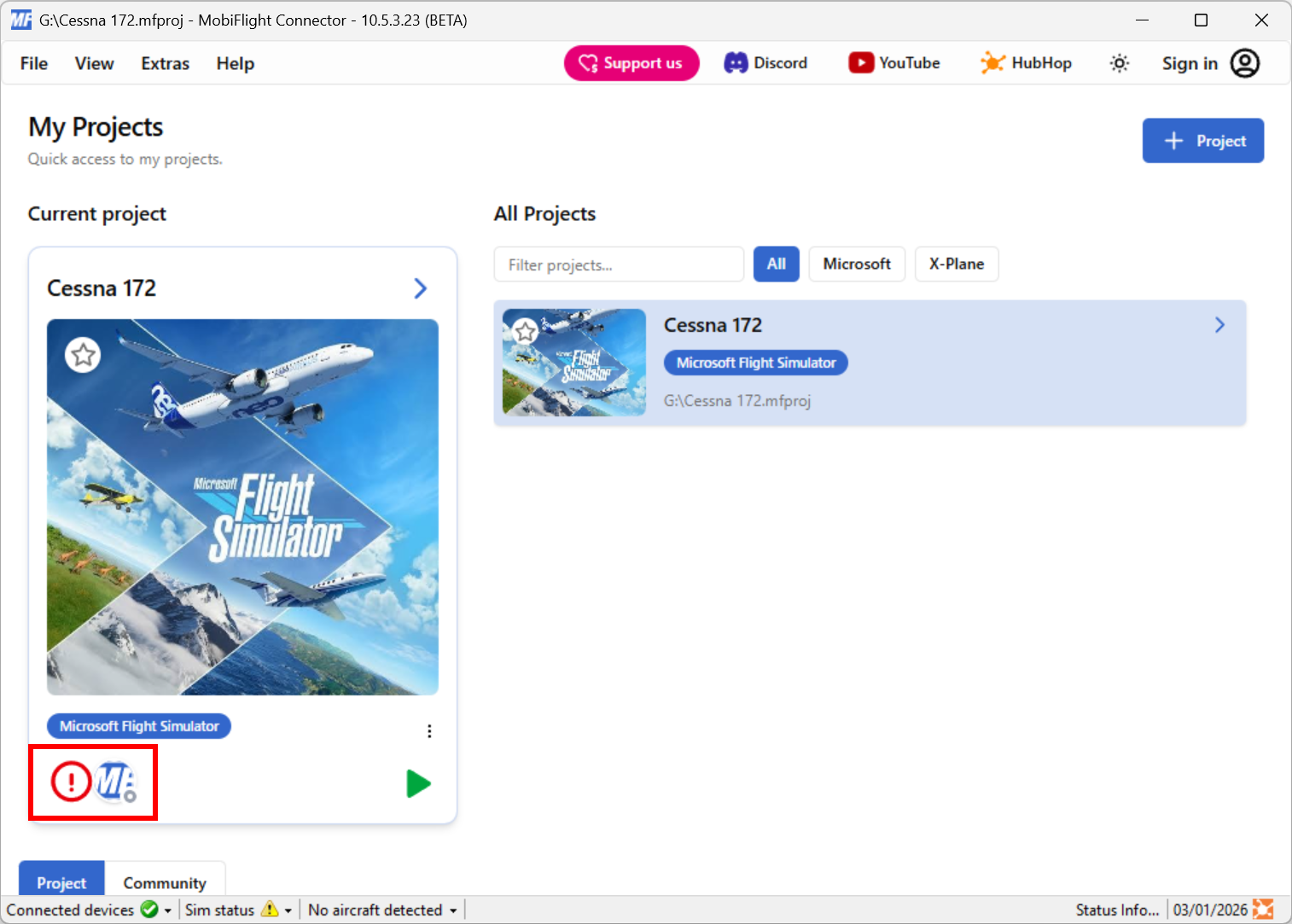 Screenshot of the main MobiFlight window with the missing device warning highlighted.