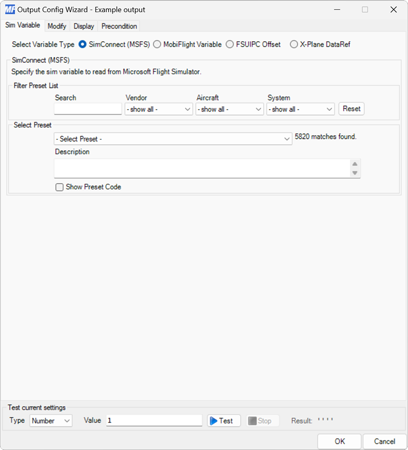 Screenshot of an output configuration with the SimConnect (MSFS) output variable type selected.