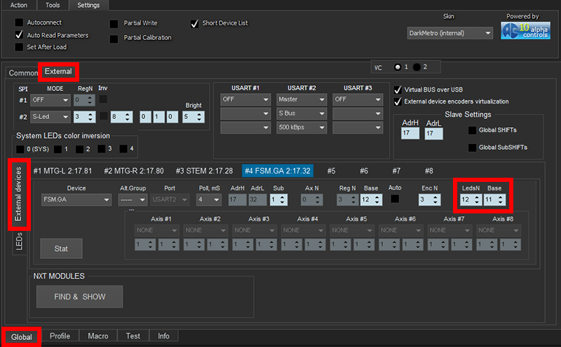 Location of the LED settings for modules.