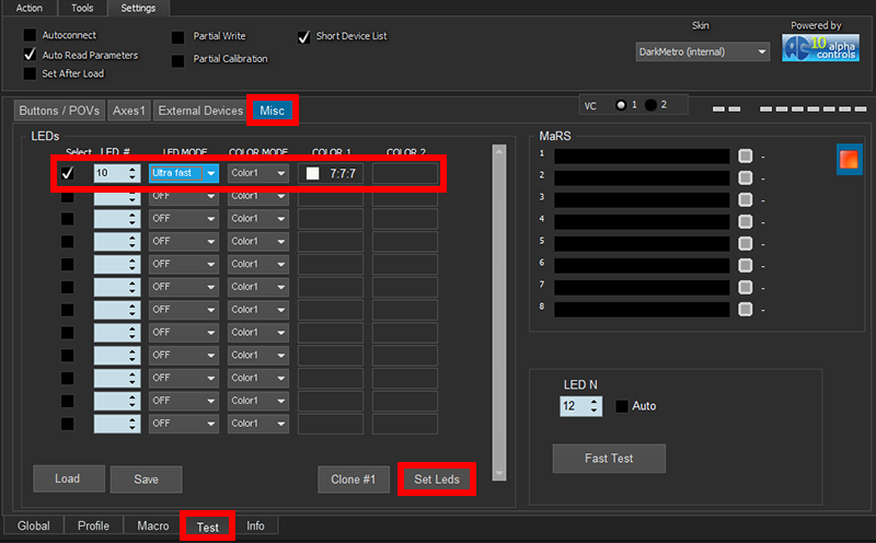 Test Misc menu, including LED tests.