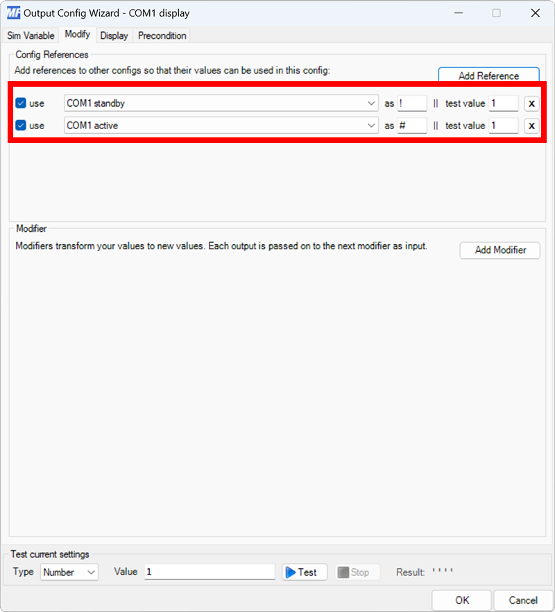 Screenshot of the output configuration dialog with the Modify tab selected and references added to COM1 active and COM1 standby.