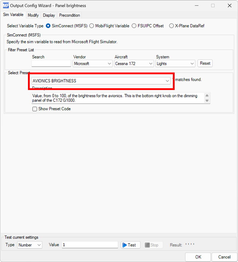 Screenshot of an output configuration with the AVIONICS BRIGHTNESS preset highlighted.