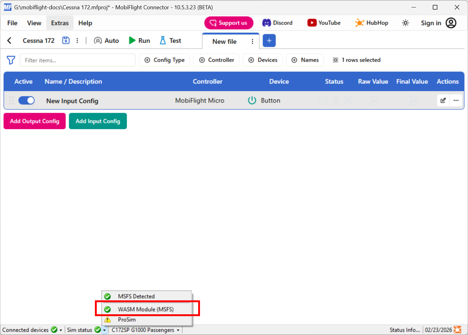 Screenshot of the main MobiFlight window with the sim status menu open and a green checkmark next to WASM Module (MSFS).